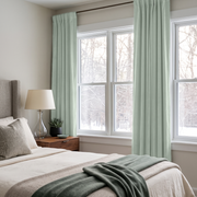 Mint Green Velvet Multitape Soundproof Curtains in a Minimal Bedroom with Light Gray Walls and White Bedding