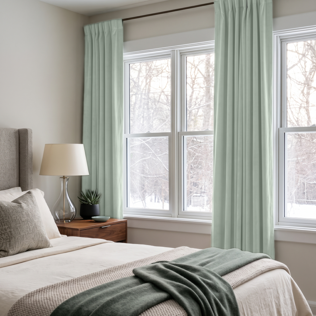 Mint Green Velvet Multitape Soundproof Curtains in a Minimal Bedroom with Light Gray Walls and White Bedding