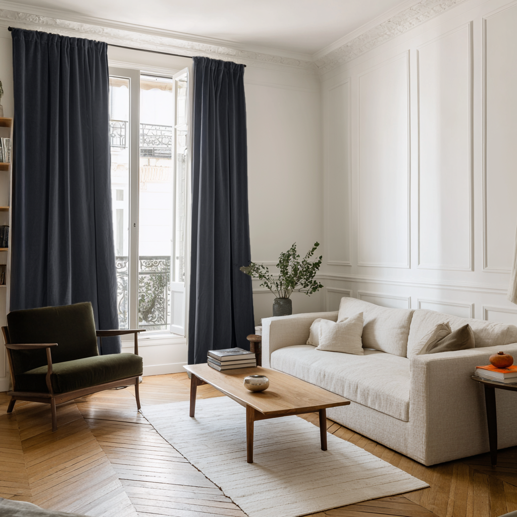 Steel Black Velvet Multitape Soundproof Curtains in a Classic Parisian Living Room with Paneled Walls