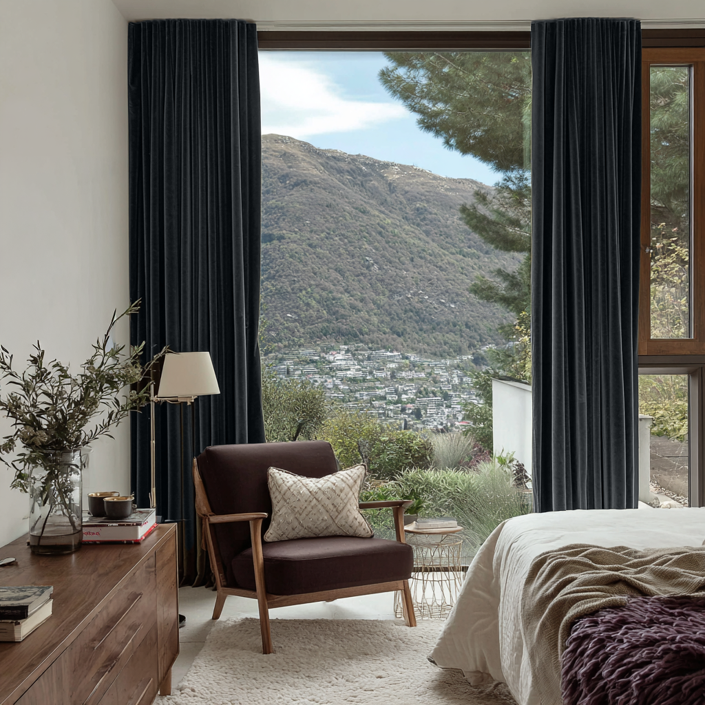 Steel Black Velvet Multitape Soundproof Curtains in a Modern Bedroom with a Mountain View