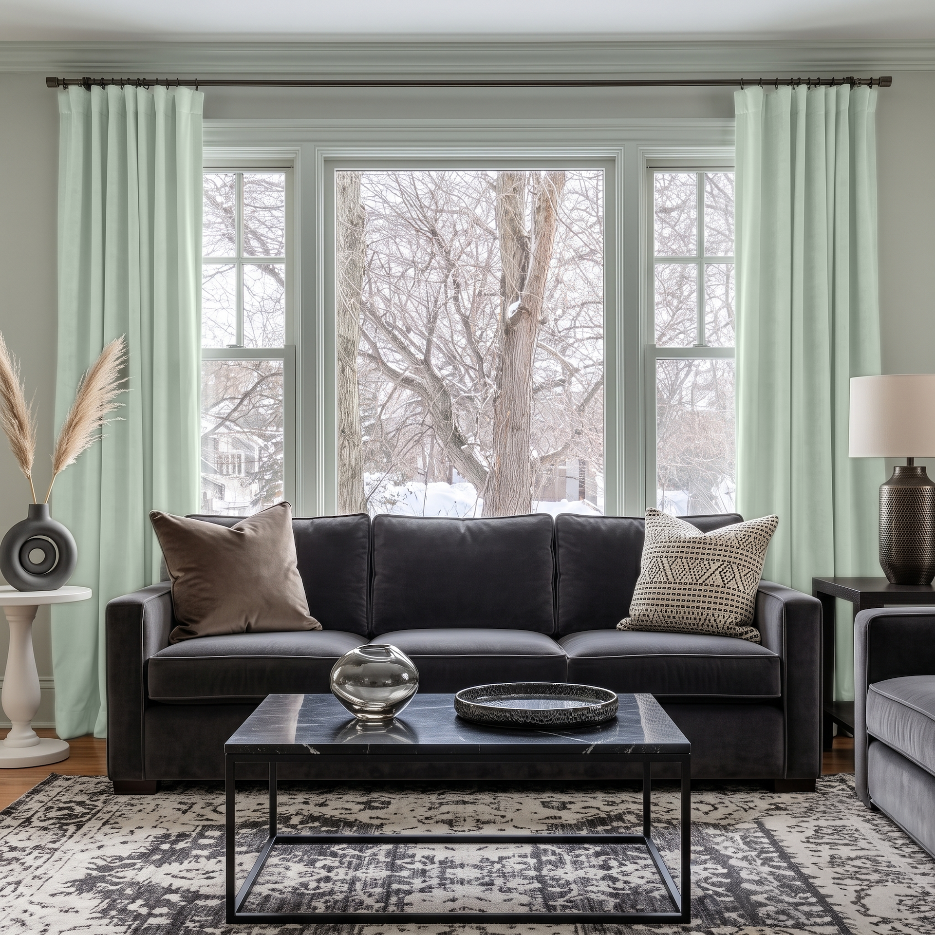 Mint Green Velvet Multitape Thermal Curtains in a Contemporary Living Room with Pale Gray Walls and a Charcoal Sofa