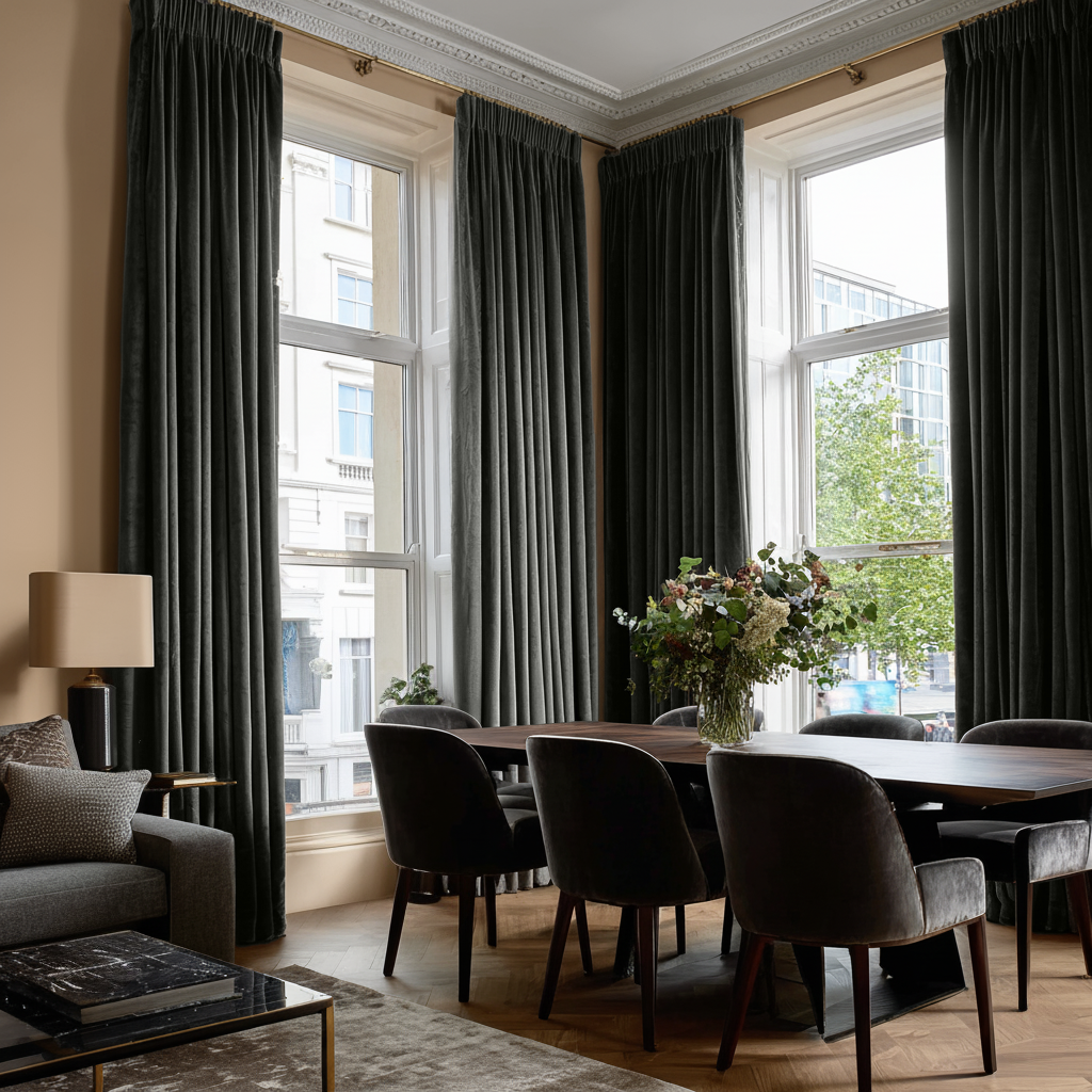 Dark Grey Velvet Pencil Pleat Curtains in a Transitional Dining Room with a Dark Wood Table