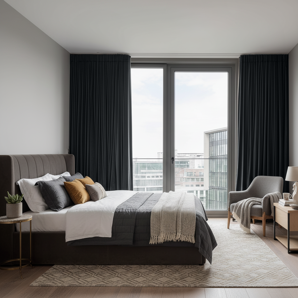 Steel Black Velvet Pencil Pleat Curtains in a Minimalist Bedroom with a Dark Upholstered Bed