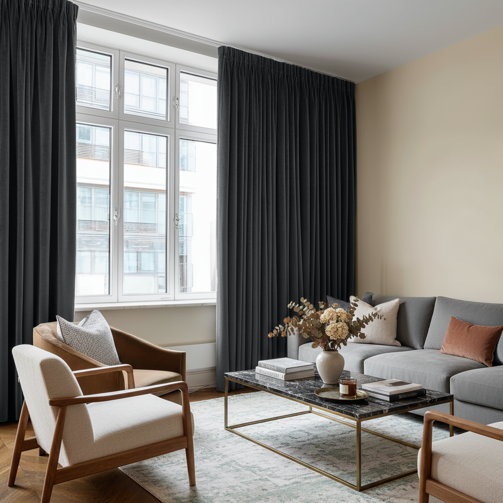 Steel Black Velvet Pencil Pleat Curtains in a Modern Living Room with a Light Grey Sofa