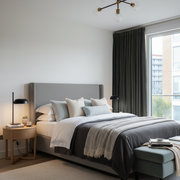 Dark Grey Velvet Pencil Pleat Curtains in a Modern Bedroom with a Upholstered Bed