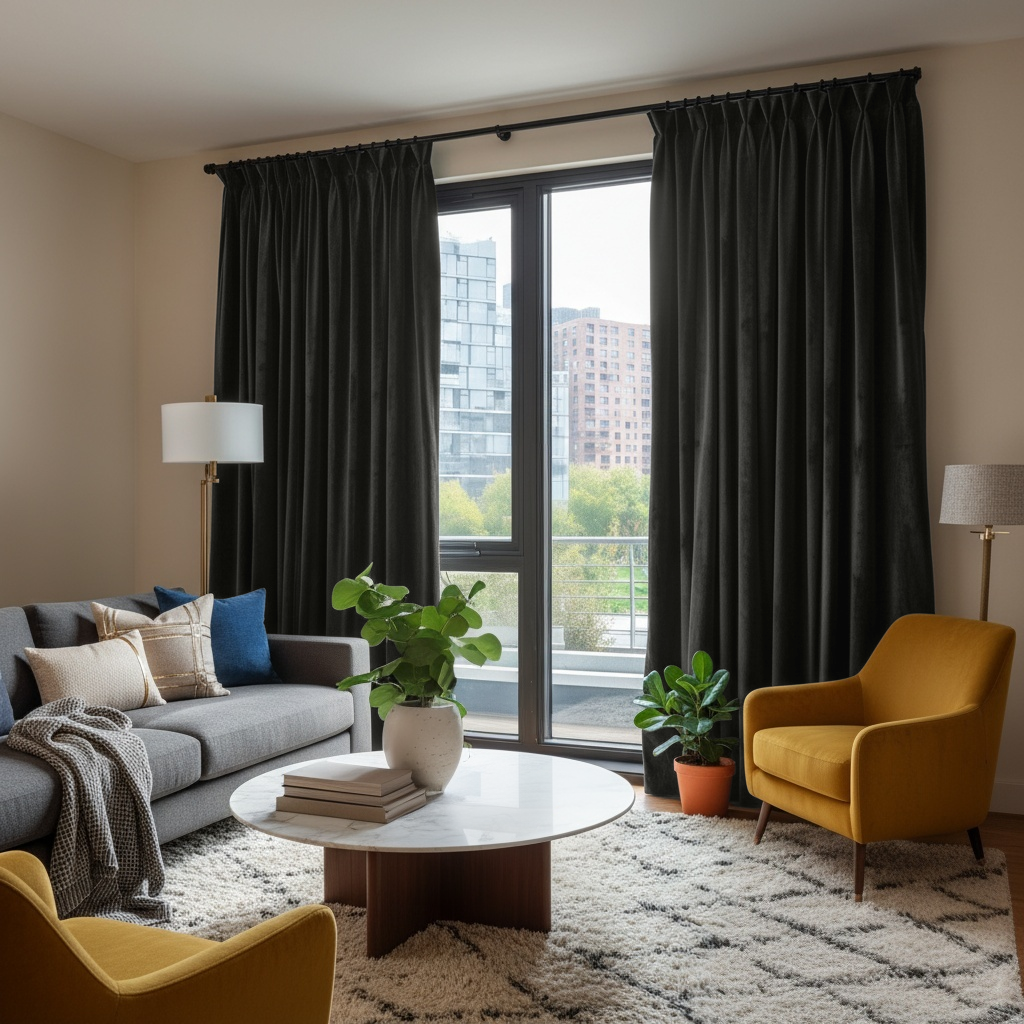 Dark Grey Velvet Pinch Pleat Curtains in a Contemporary Living Room with a Grey Sofa