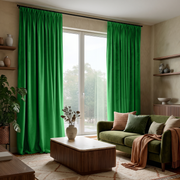 Lime Green Velvet Pinch Pleat Curtains in a Contemporary Living Room with Warm Taupe Walls and an Olive Green Sofa