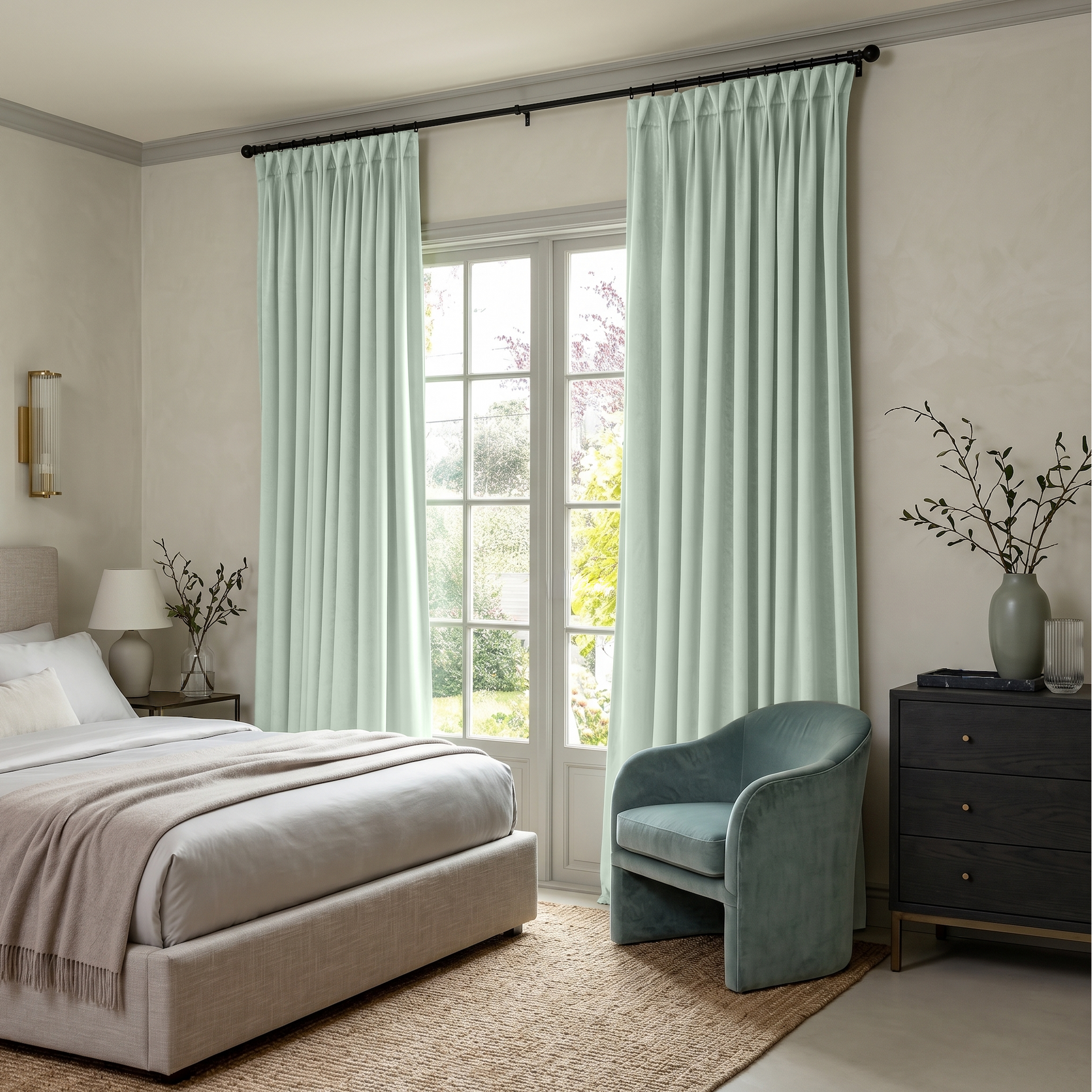 Mint Green Velvet Pinch Pleat Curtains in a Contemporary Bedroom with a Soft Blue Accent Chair and a Dark Wood Dresser