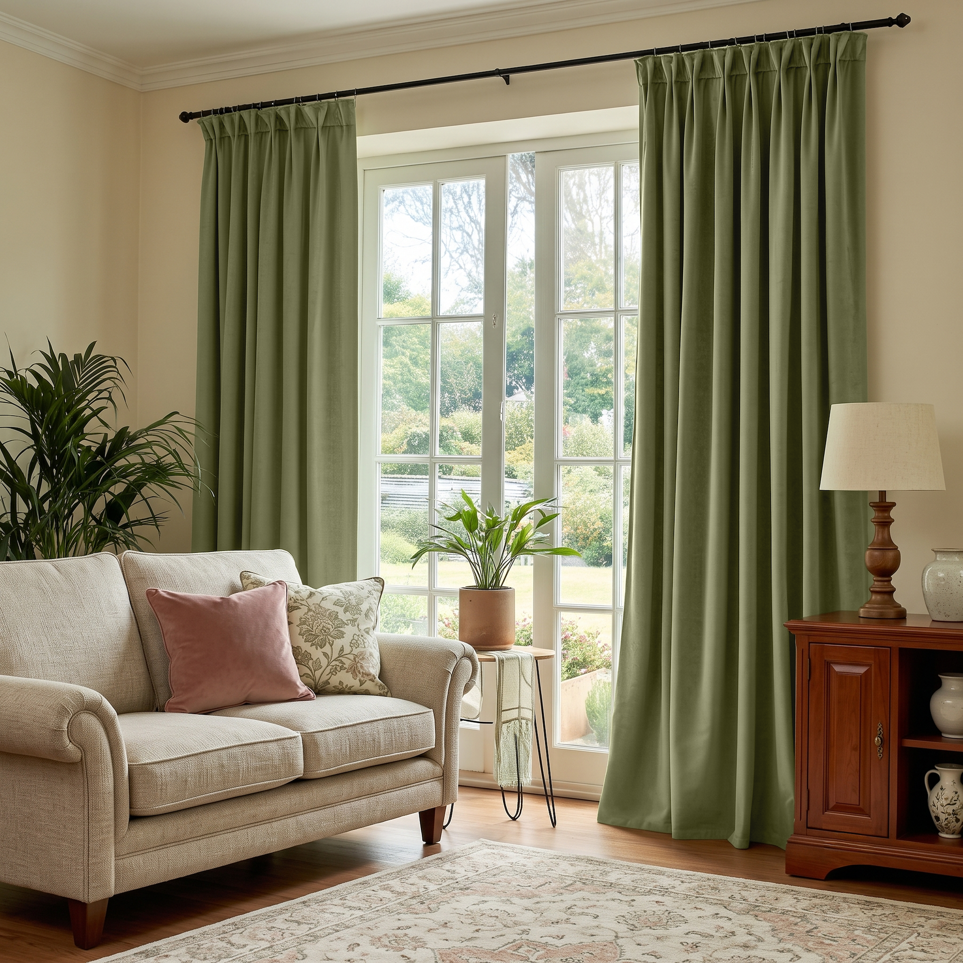 Olive Green Velvet Pinch Pleat Curtains in a Traditional Living Room with a Beige Sofa and Cherry Wood Cabinet