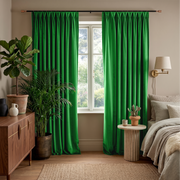 Lime Green Velvet Pinch Pleat Curtains in a Cozy Bedroom with Taupe Walls