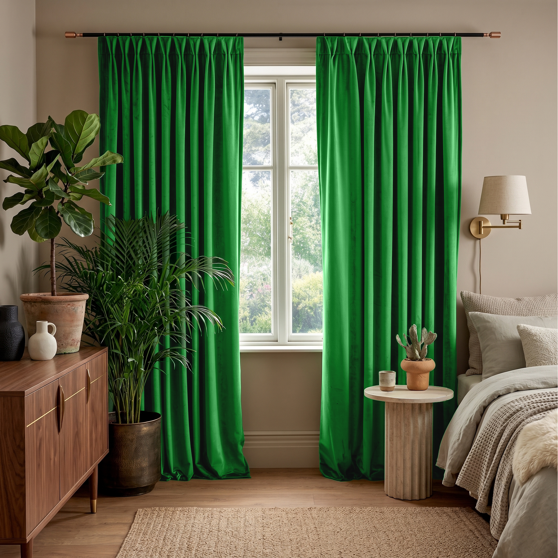 Lime Green Velvet Pinch Pleat Curtains in a Cozy Bedroom with Taupe Walls