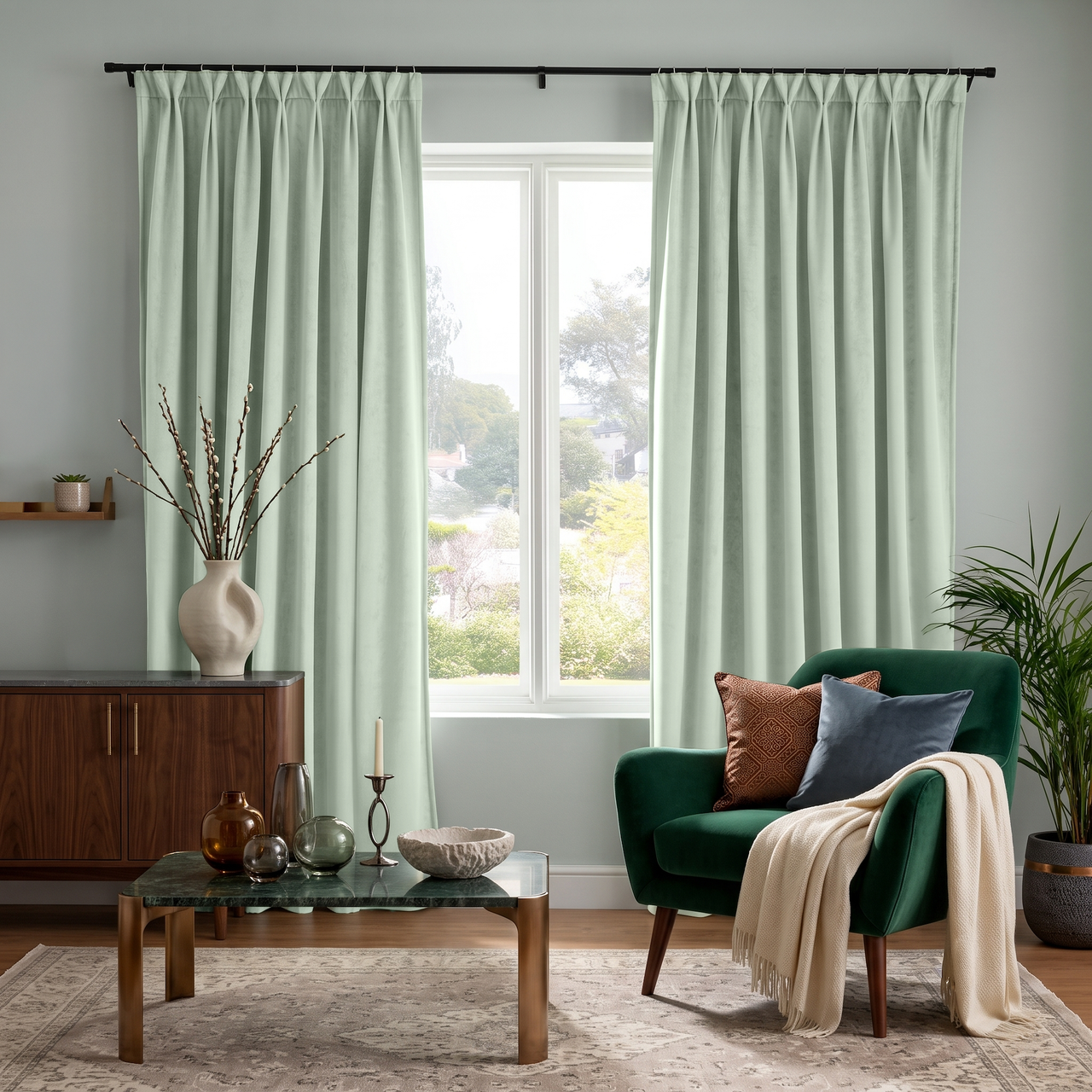 Mint Green Velvet Pinch Pleat Curtains in a Modern Living Room with Pale Blue Walls and an Emerald Accent Chair