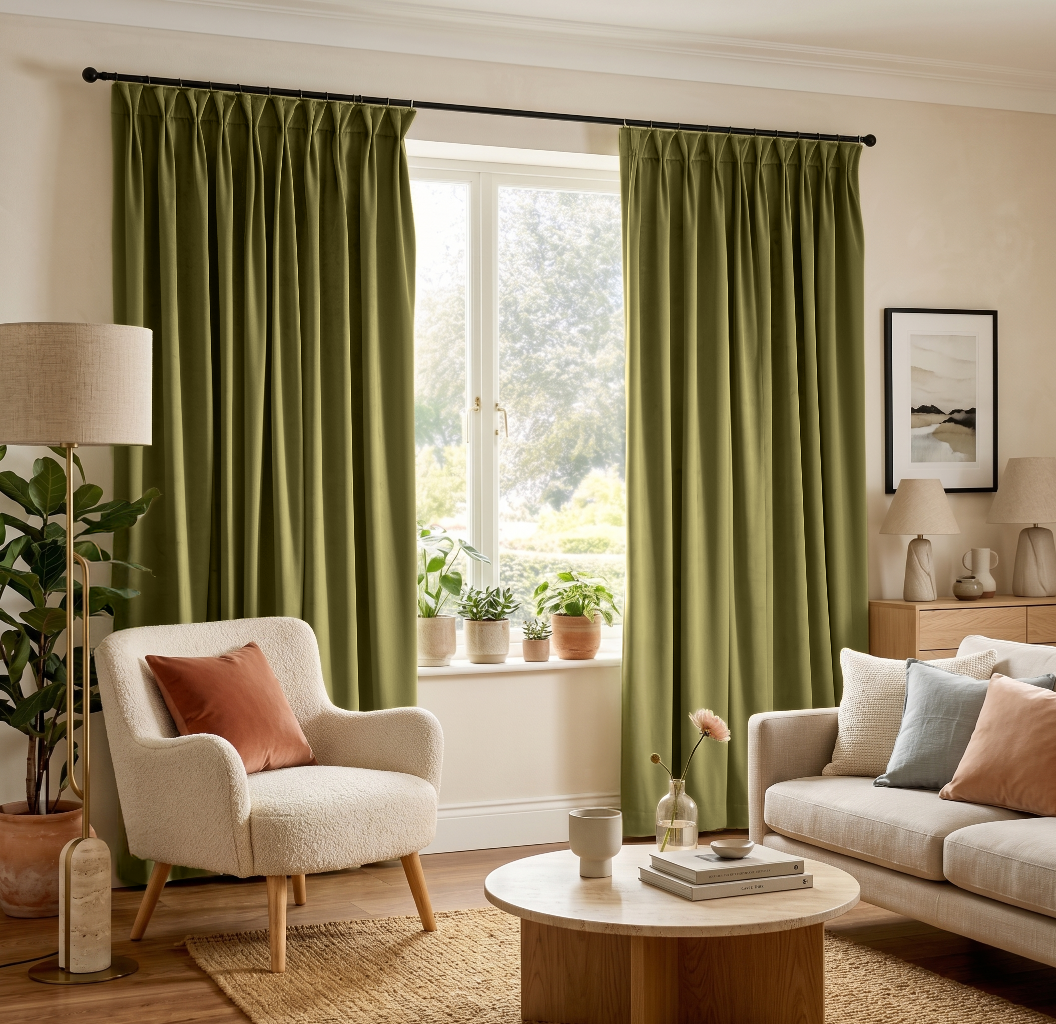 Moss Green Velvet Pinch Pleat Curtains in a Bright Living Room with a Cream Sofa and Blush Accent Pillows