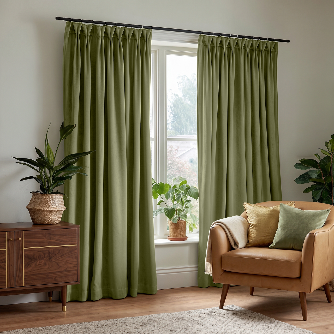 Olive Green Velvet Pinch Pleat Curtains in a Mid-Century Living Room with a Caramel Leather Chair and Walnut Cabinet