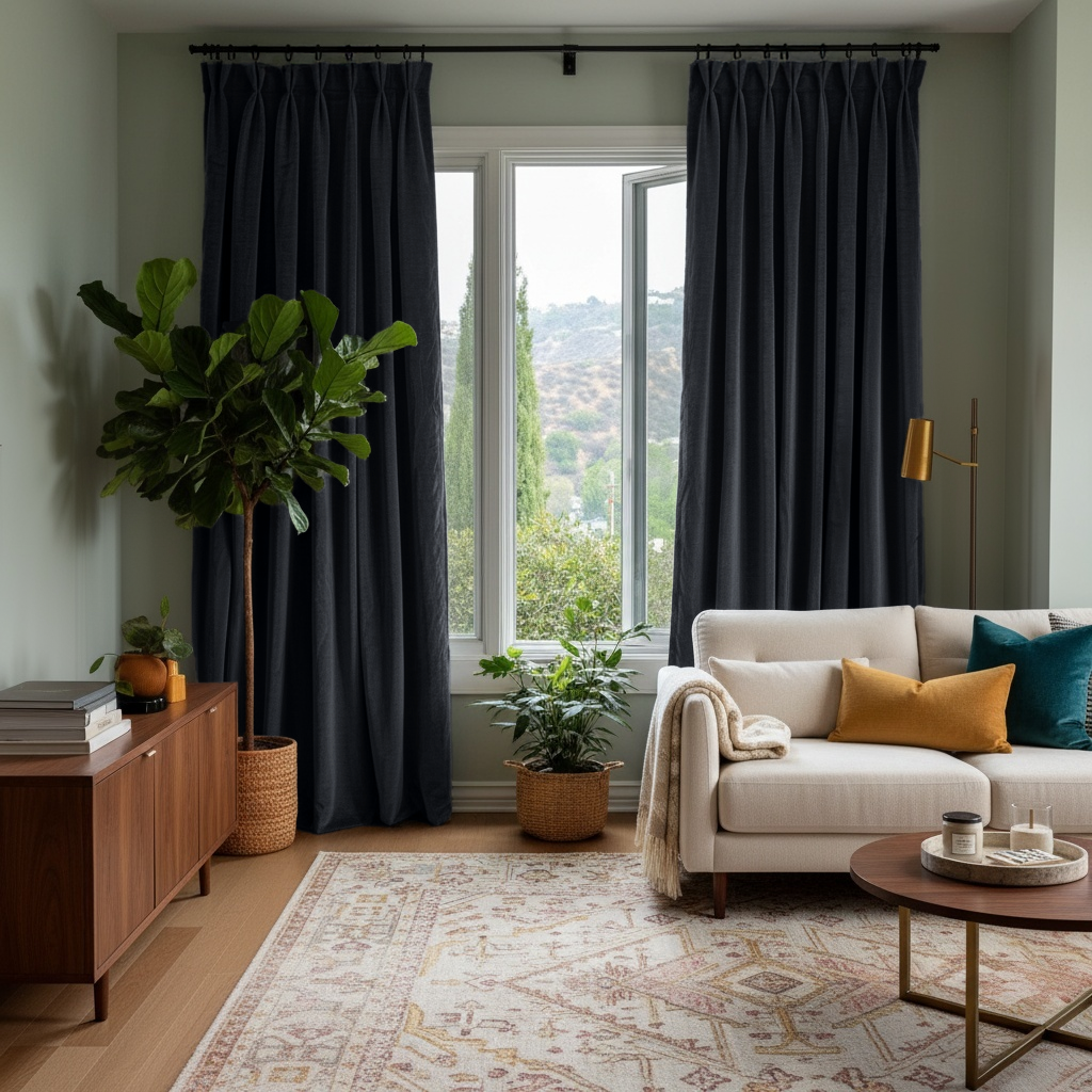 Steel Black Velvet Pinch Pleat Curtains in a Cozy Living Room with a Cream Sofa
