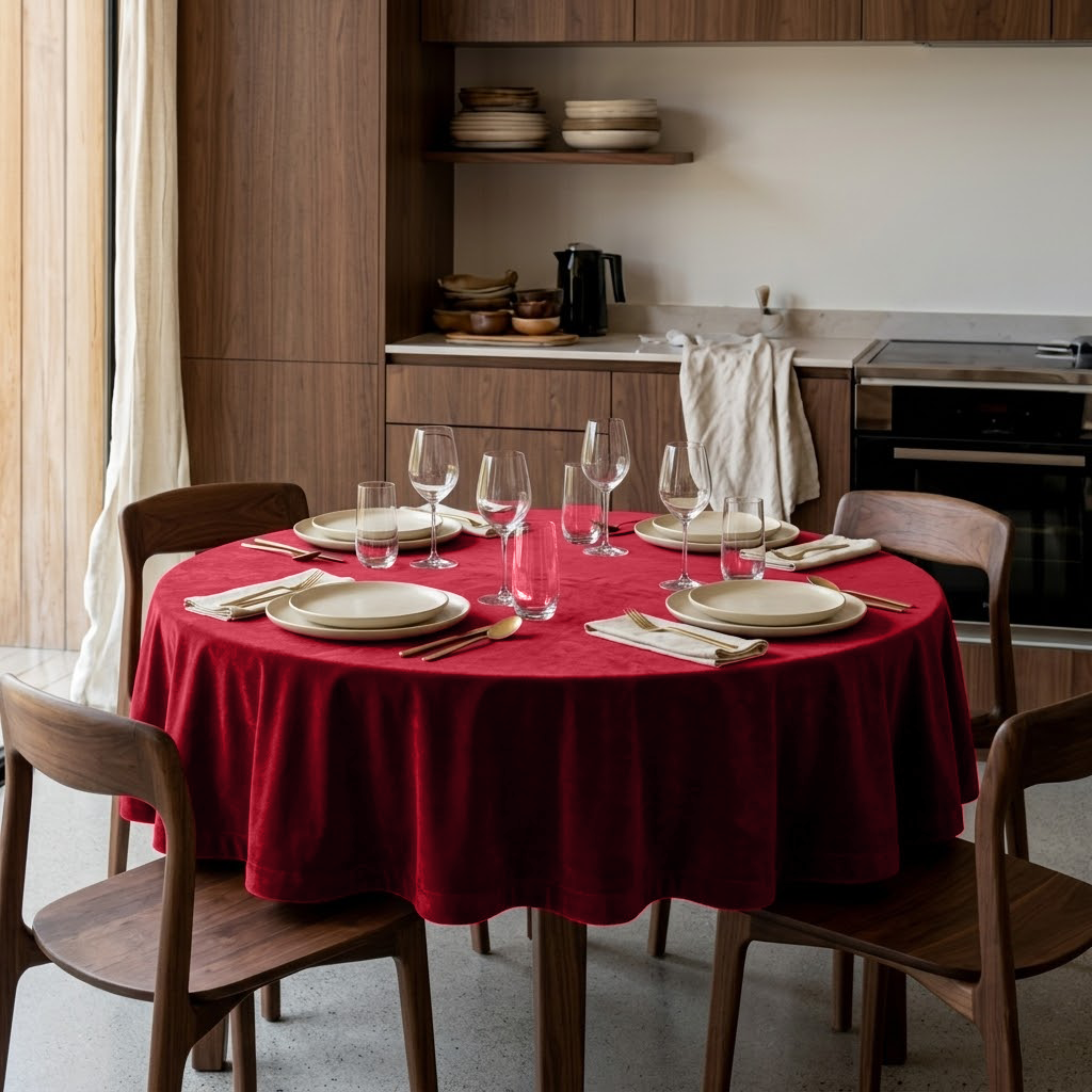 Dark Deep Red Velvet Round Tablecloth in a Warm Kitchen Dining Area with Walnut Cabinetry