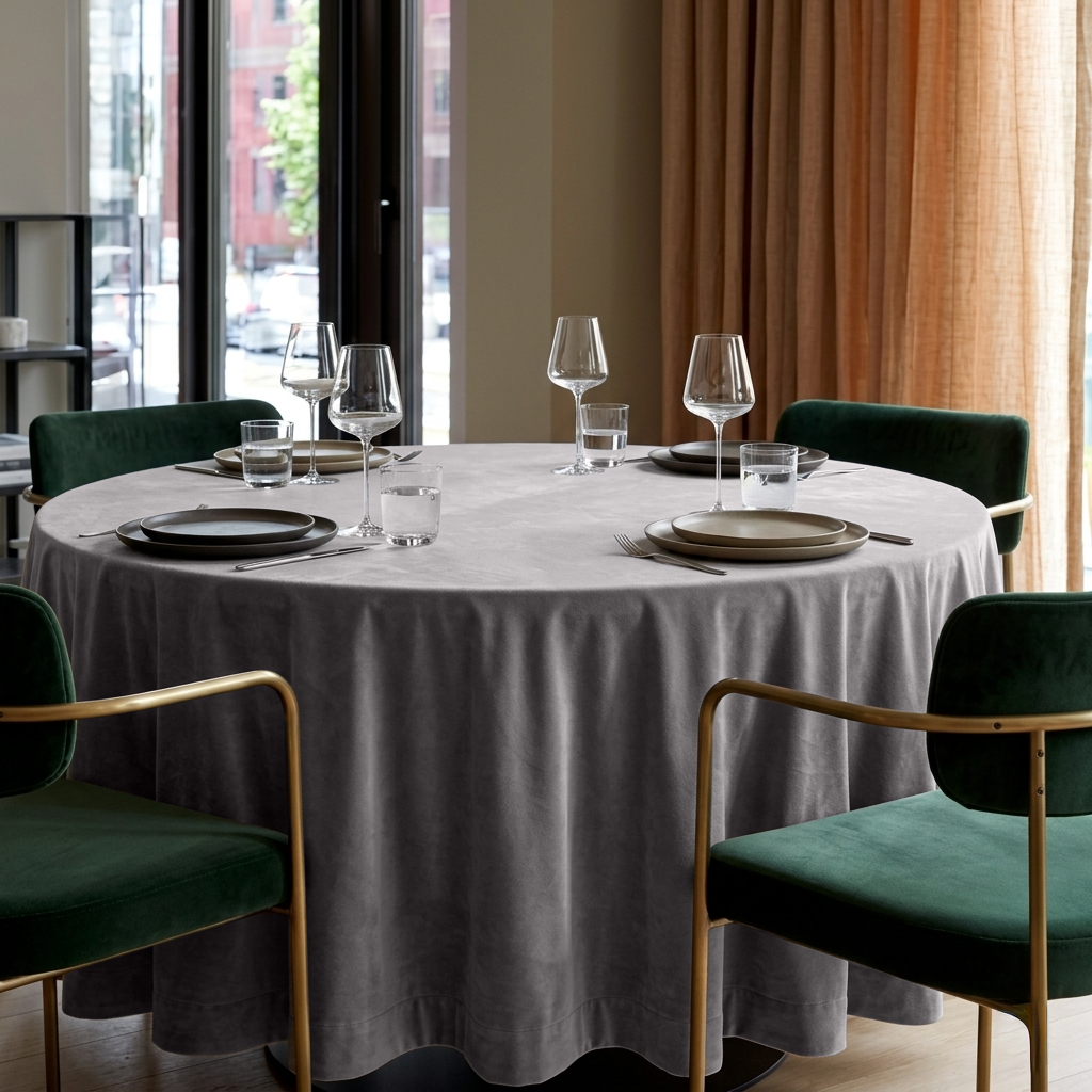 Grey Velvet Round Tablecloth in an Elegant Dining Room with Warm Beige Walls and Emerald Velvet Chairs