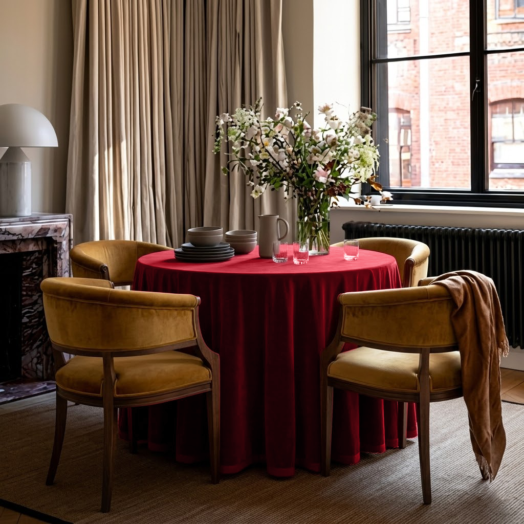 Dark Deep Red Velvet Round Tablecloth in an Elegant Dining Room with Beige Curtains and Mustard Velvet Chairs