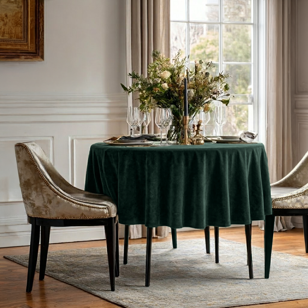 Hunter Green Velvet Round Tablecloth in an Elegant Dining Room with White Paneled Walls