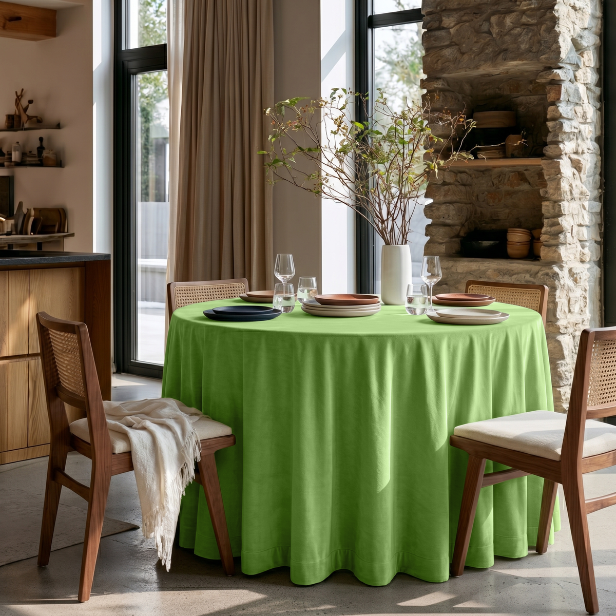 Light Green Velvet Round Tablecloth in a Rustic Dining Room with Stone Walls and Warm Wood Chairs