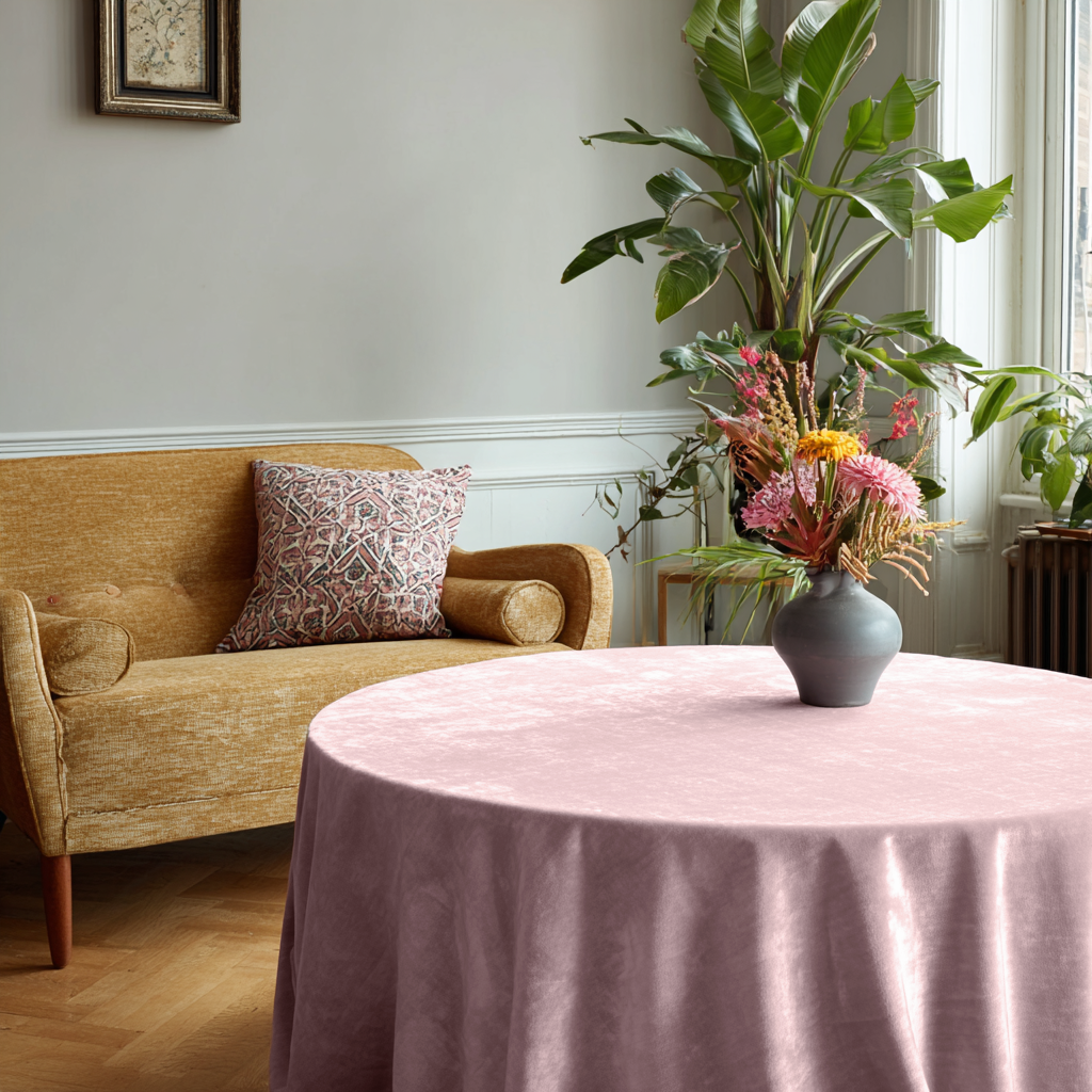 Pink Velvet Round Tablecloth in a Bright Living Room with Pale Green Walls