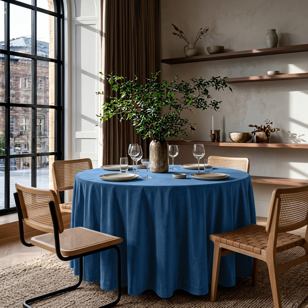 Steel Blue Velvet Round Tablecloth in an Elegant Dining Room with Warm Plaster Walls and Walnut Wood Chaits