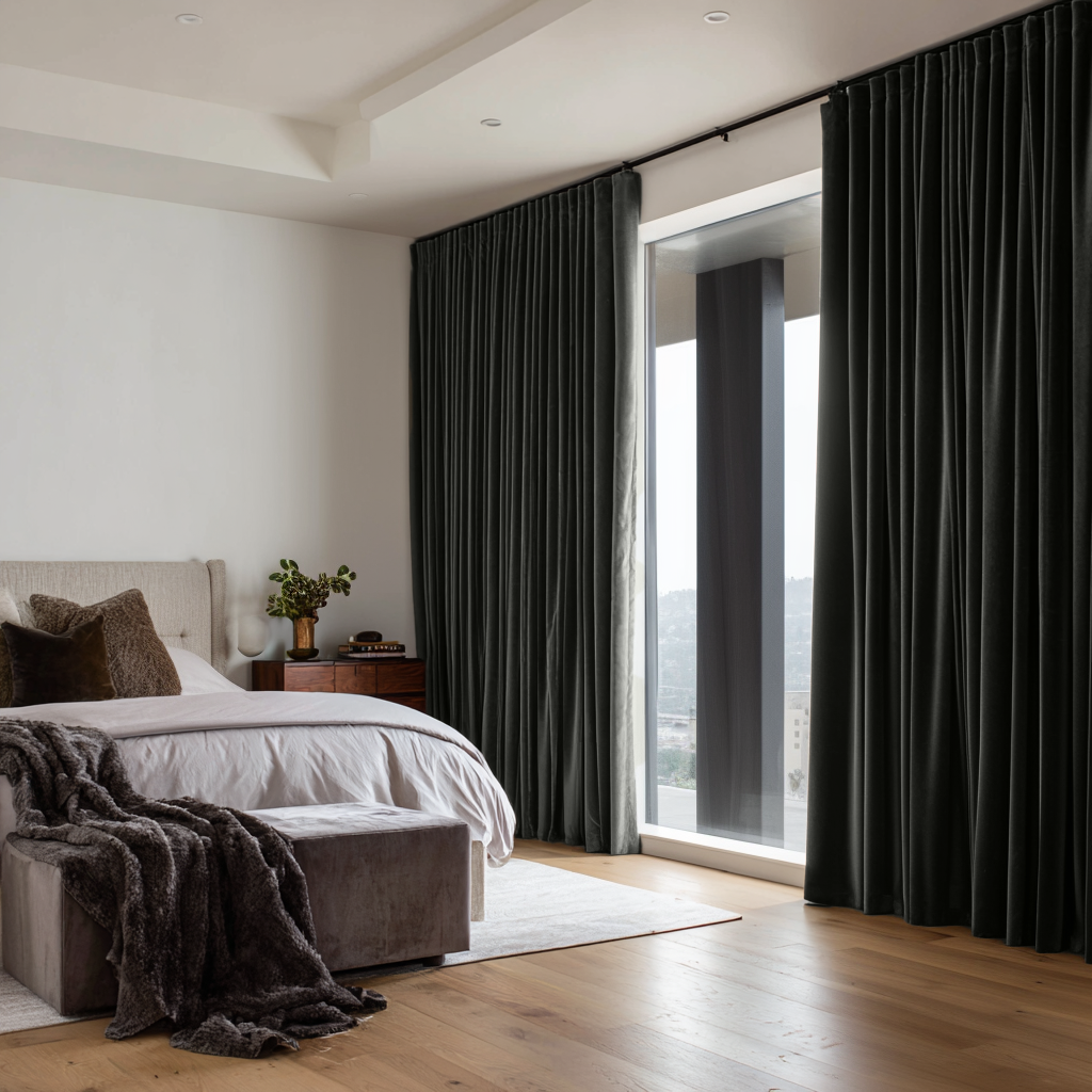 Dark Grey Velvet S-Fold Curtains in a Contemporary Bedroom with a Soft Upholstered Bed