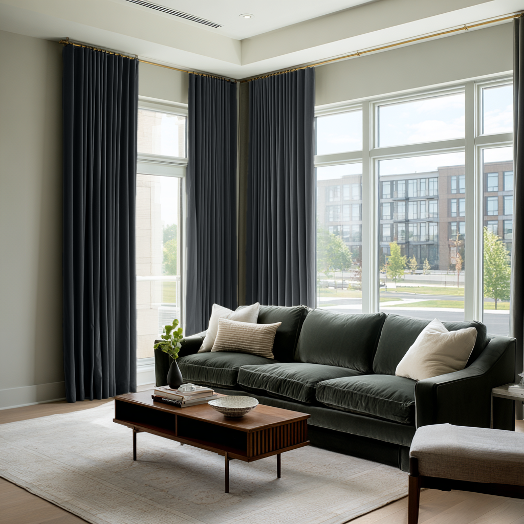 Steel Black Velvet S-Fold Curtains in a Modern Living Room with a Deep Grey Sofa