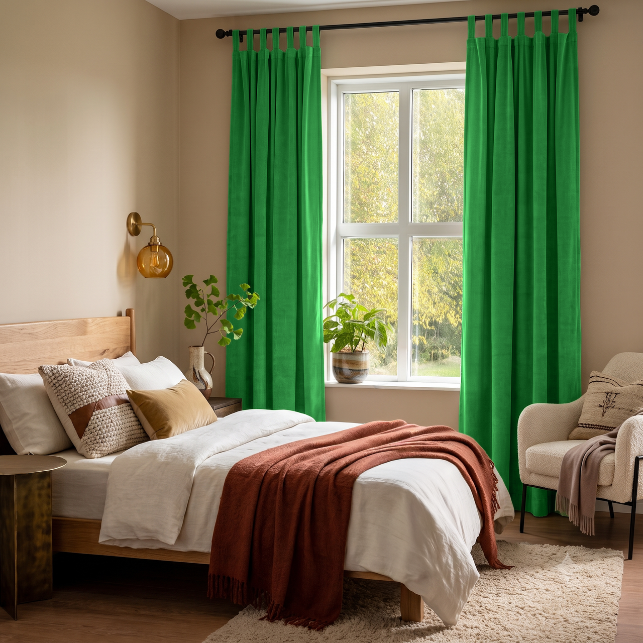 Lime Green Velvet Tab Top Curtains in a Cozy Bedroom with Beige Walls and White Bedding
