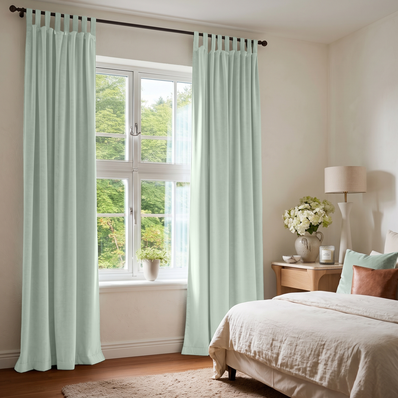Mint Green Velvet Tab Top Curtains in a Calm Bedroom with Cream Bedding and Warm Wood Furniture
