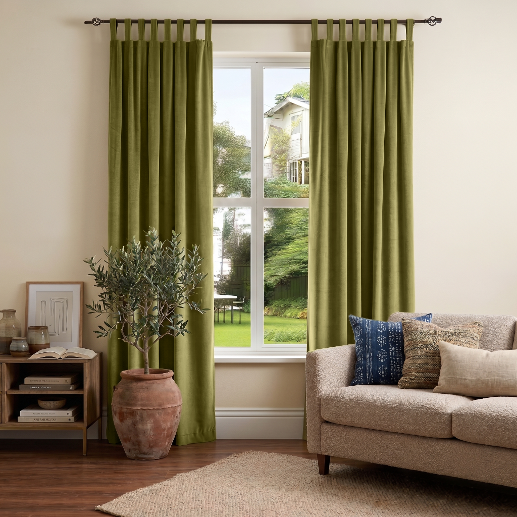 Moss Green Velvet Tab Top Curtains in an Organic Living Room with a Cream Sofa