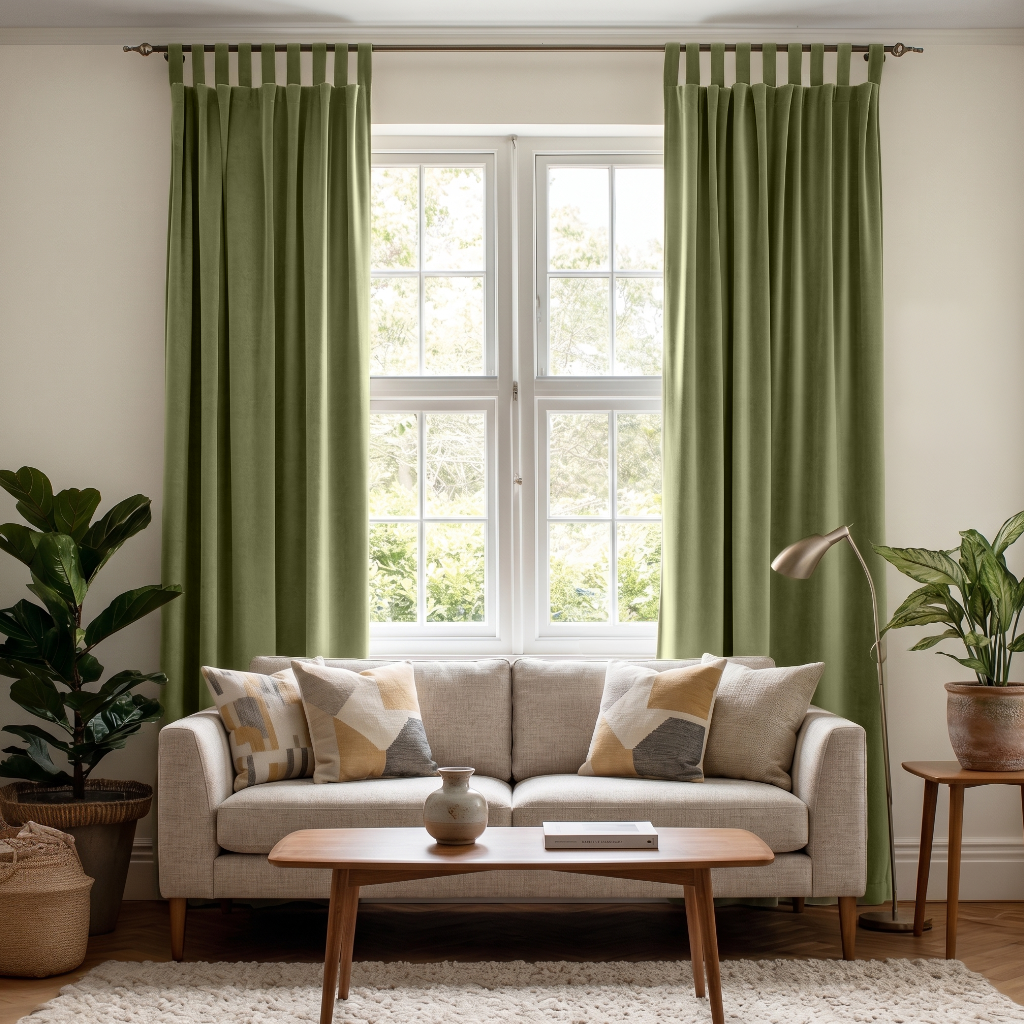 Olive Green Velvet Tab Top Curtains in a Contemporary Living Room with a Beige Sofa and Indoor Plants