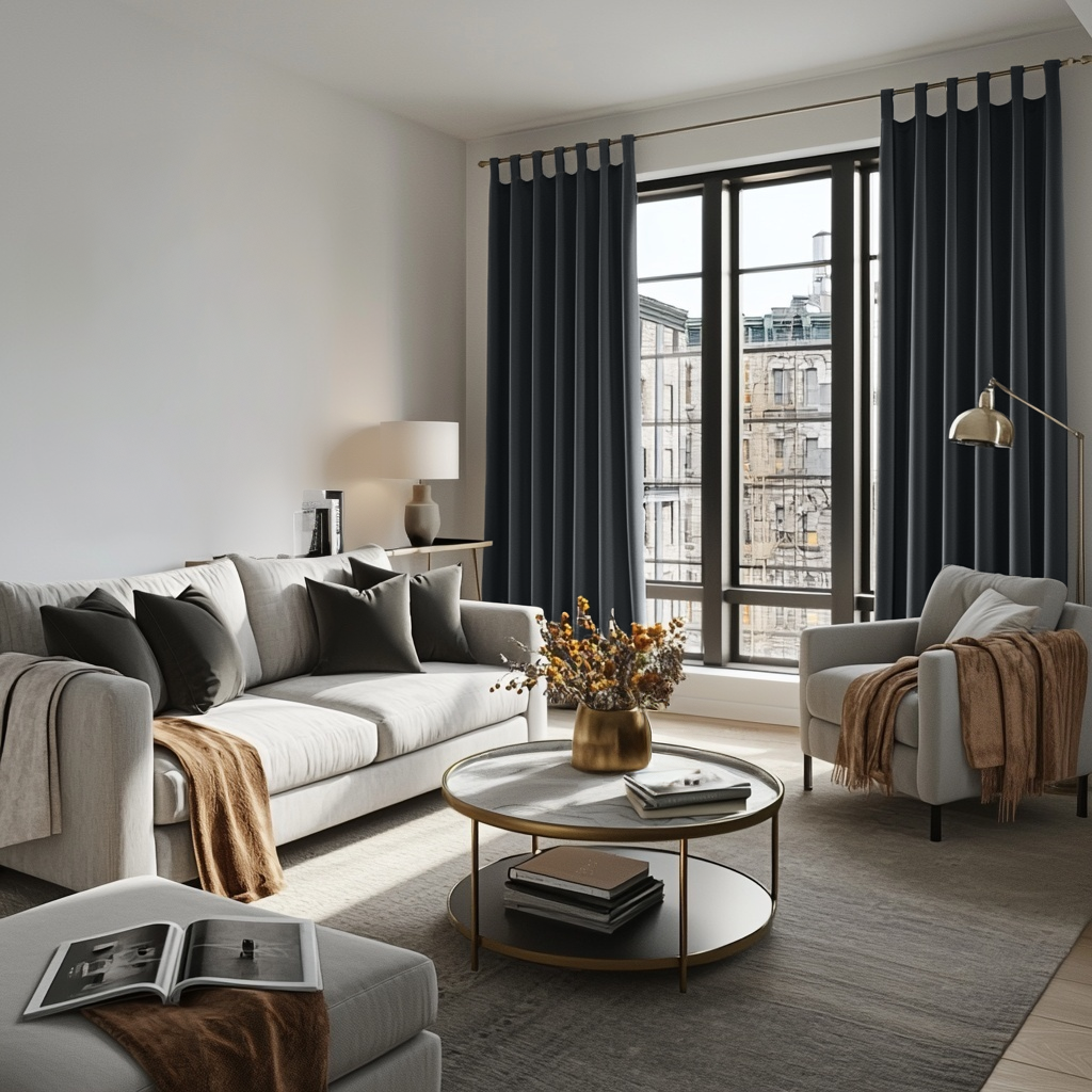 Steel Black Velvet Tab Top Curtains in a Minimalist Living Room with a White Sofa