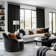 Dark Grey Velvet Tab Top Curtains in a Modern Living Room with a White Sofa