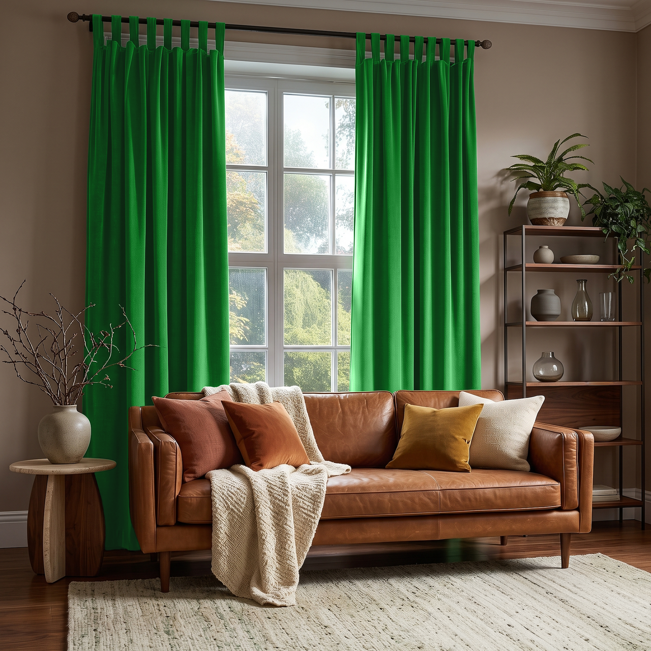 Lime Green Velvet Tab Top Curtains in a Contemporary Living Room with Taupe Walls and a Caramel Leather Sofa