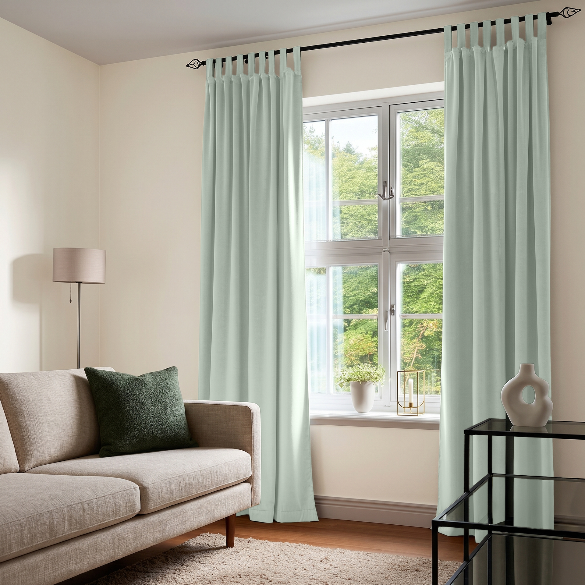 Mint Green Velvet Tab Top Curtains in a Contemporary Living Room with Beige Walls and a Dark Green Accent Pillow