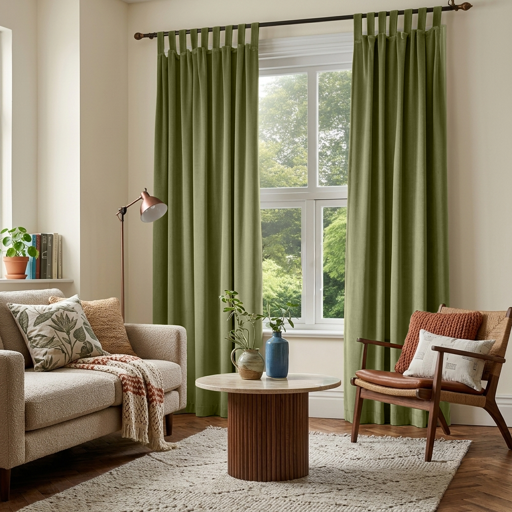 Olive Green Velvet Tab Top Curtains in a Cozy Living Room with a Cream Sofa and a Leather Chair