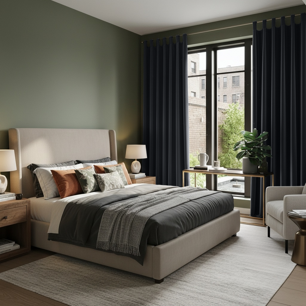 Steel Black Velvet Tab Top Curtains in a Modern Bedroom with a Cream Upholstered Bed