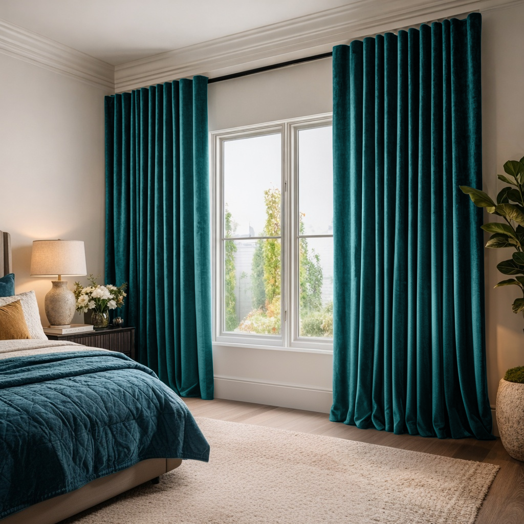 Teal Velvet Thermal Curtains with Multitape