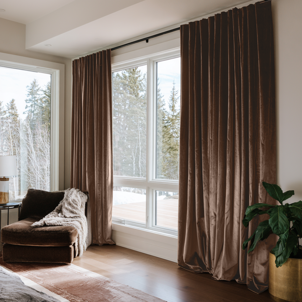 Chocolate Brown Velvet Thermal Curtains with Multitape