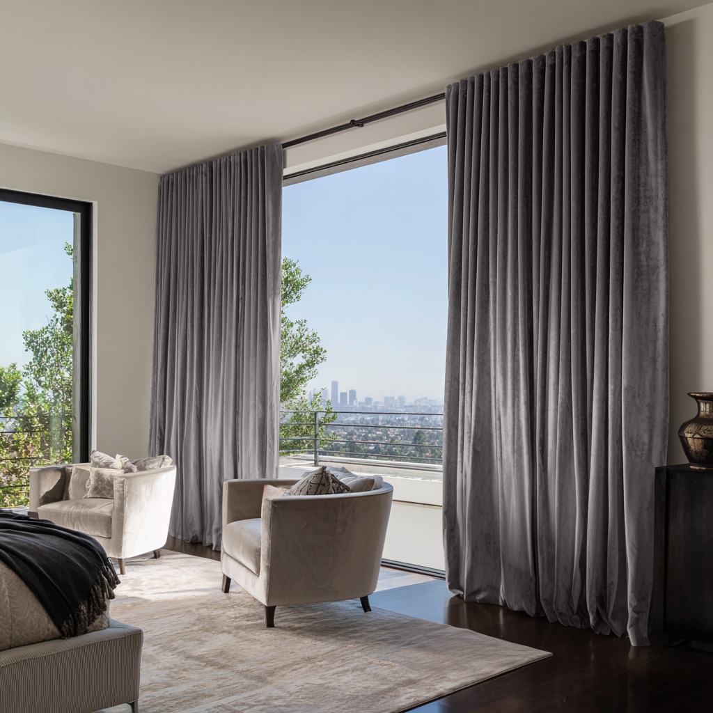 Grey Velvet Thermal Curtains with Multitape