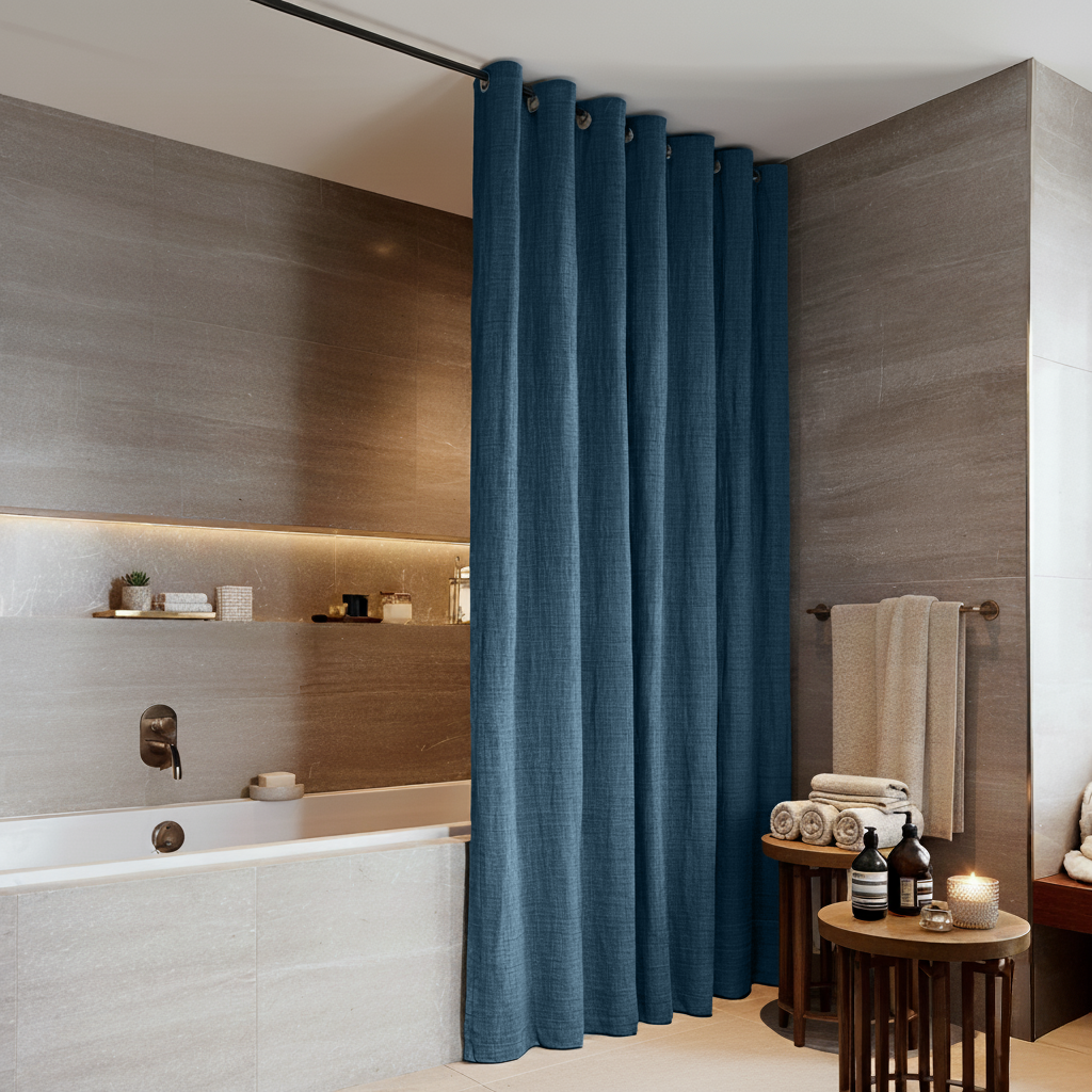 Waterproof Peacock Blue Hookless Linen Shower Curtain