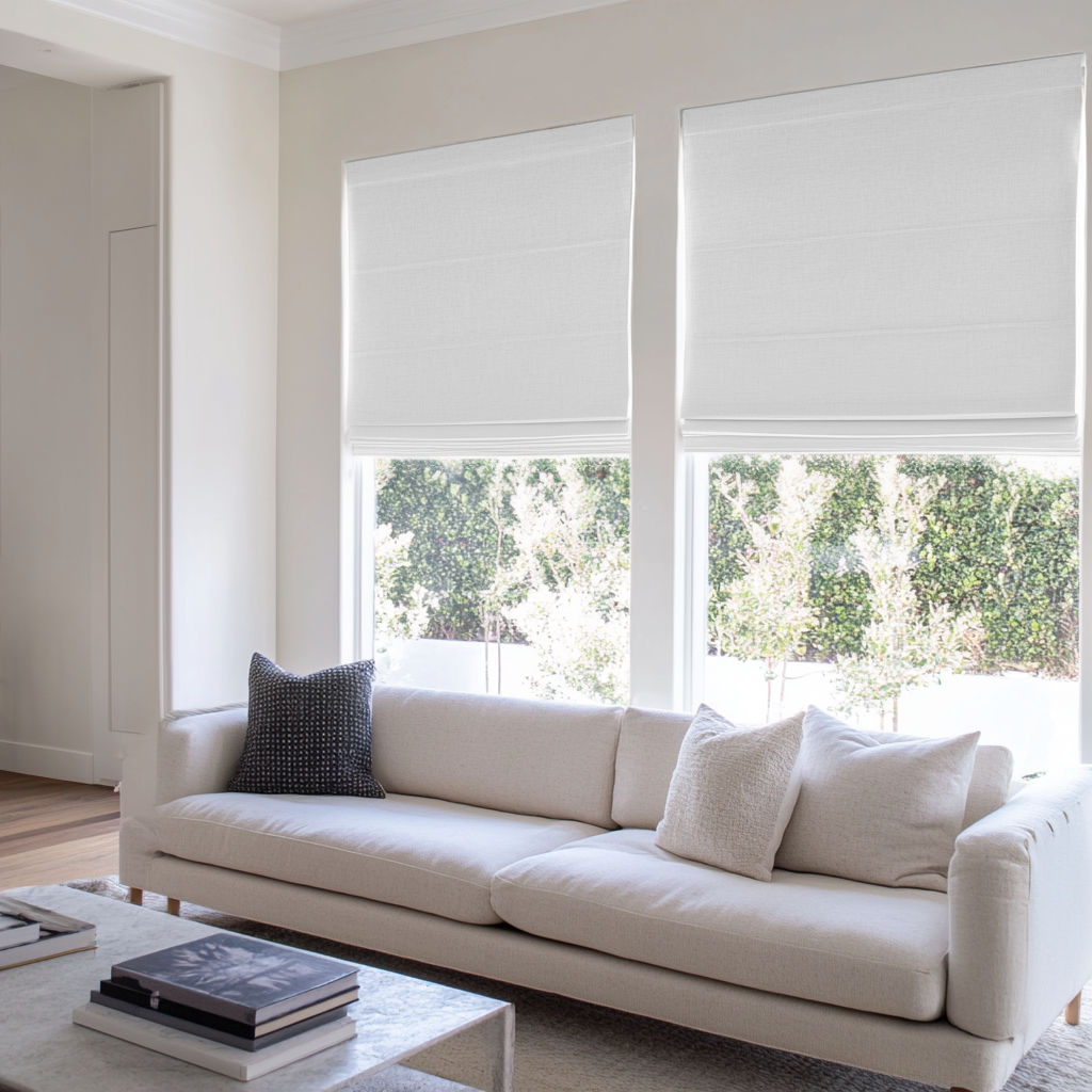 Inside Mount White Linen Blackout Roman Shades