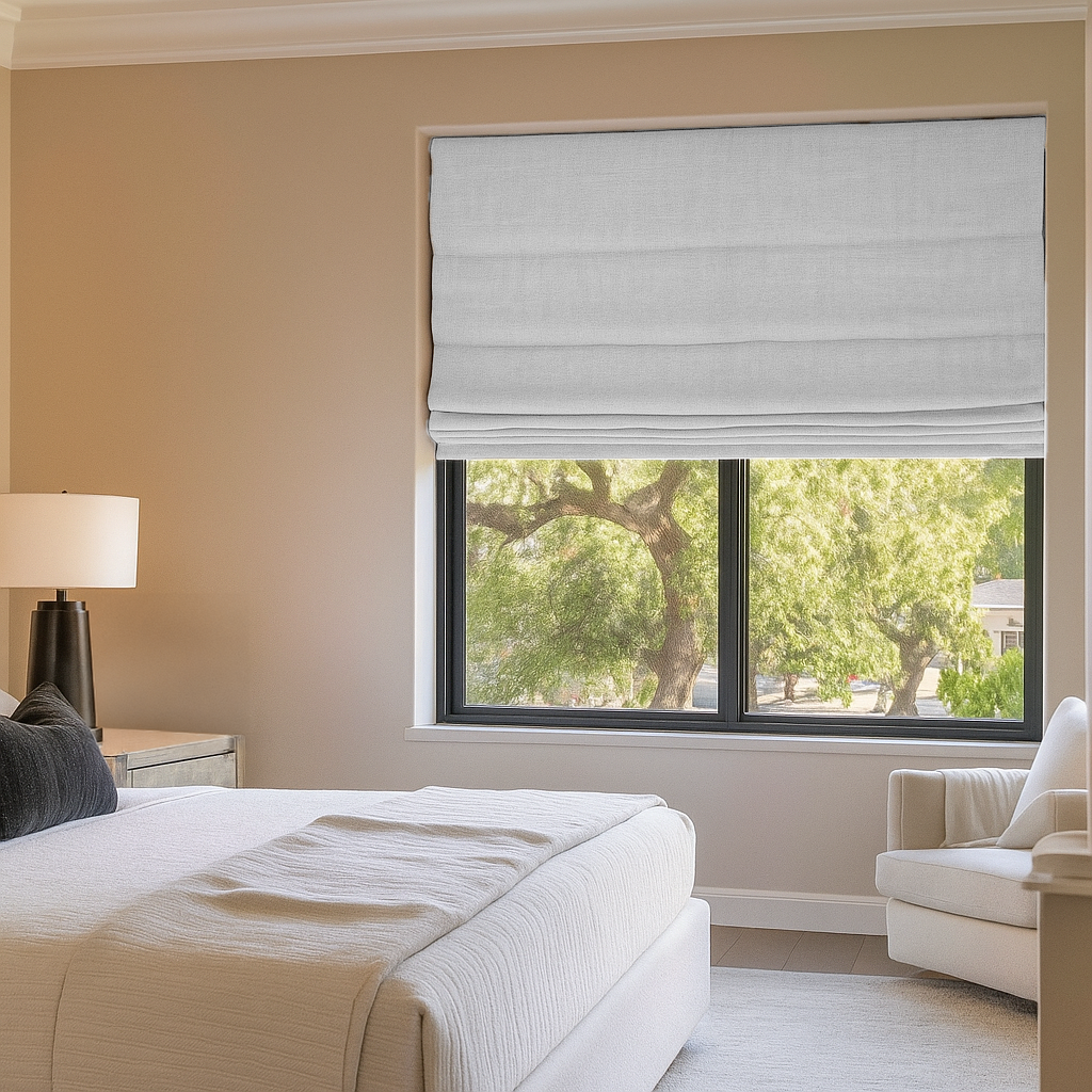 White Blackout Linen Roman Shades for Bedroom