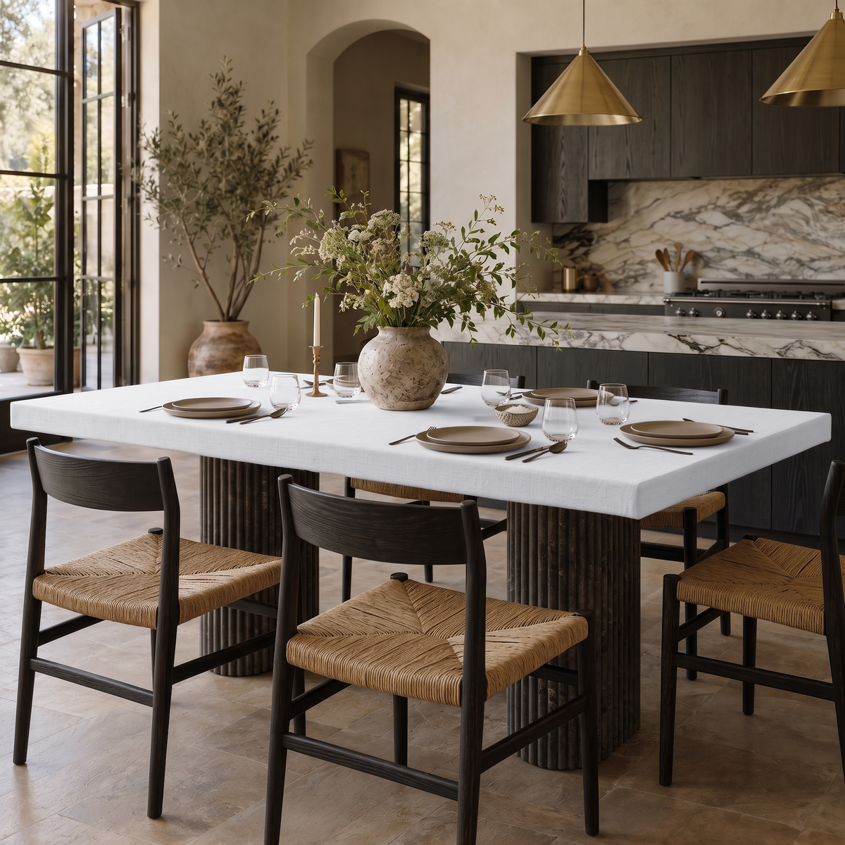 White Fitted Rectangular Linen Tablecloth in a Rustic Contemporary Kitchen with Dark Wooden Cabinets