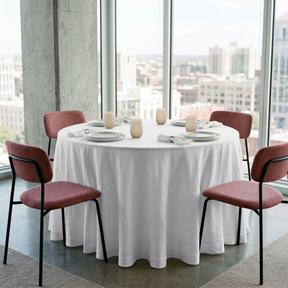 White Linen 132 Inch Round Tablecloth in a Bright City Dining Room with Concrete Walls and Dusty Rose Chairs