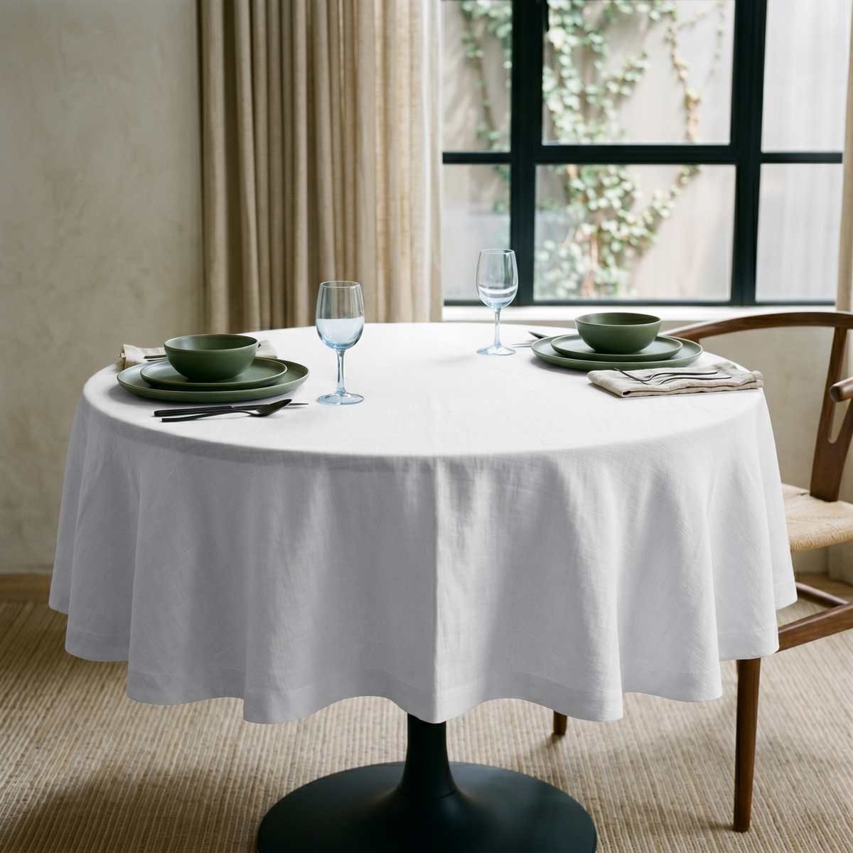 White Linen 42 Inch Round Tablecloth in a Cozy Dining Nook with Beige Walls and Olive Green Ceramic