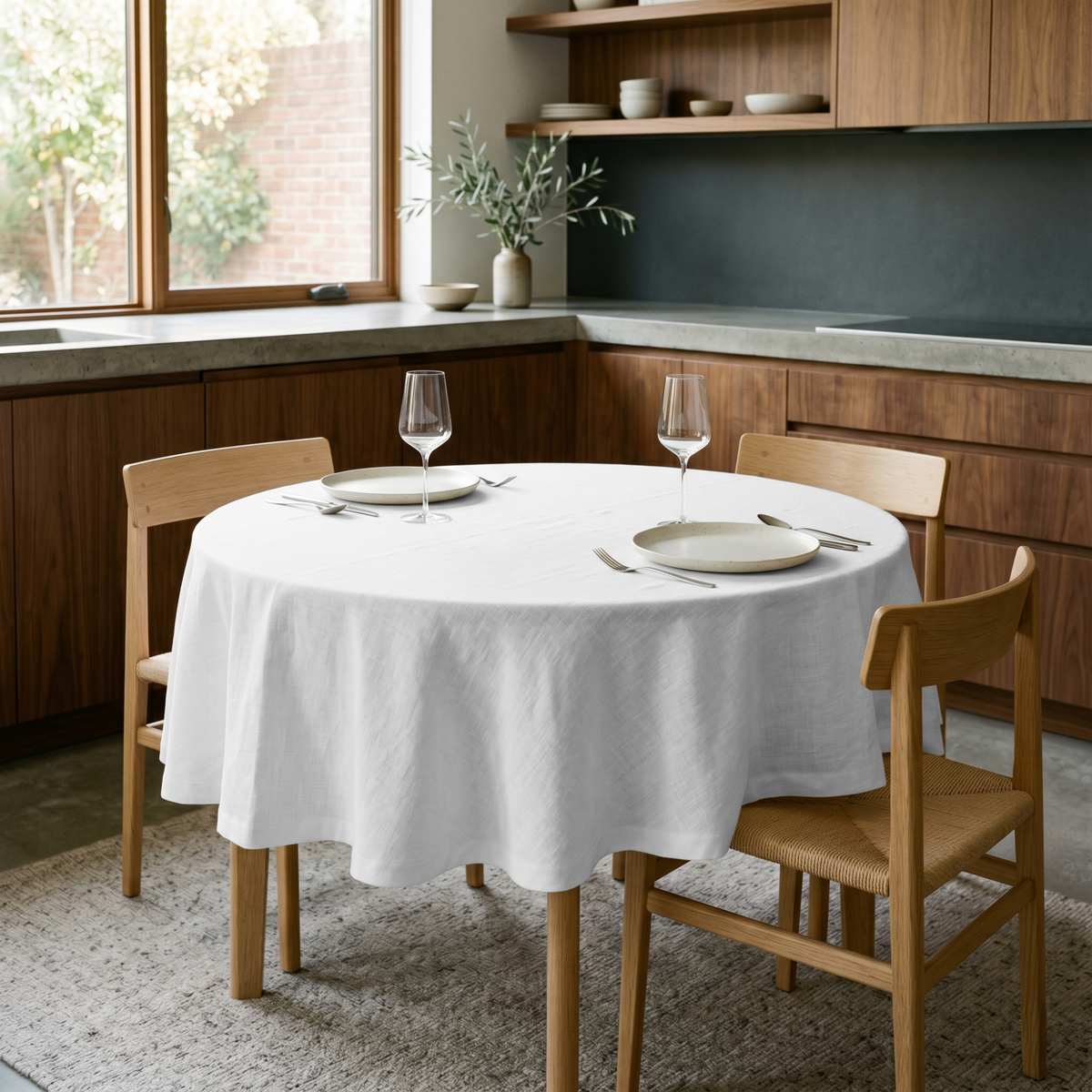 White Linen 60 Inch Round Tablecloth in a Warm Kitchen Dining Space with Walnut Cabinetry and Light Wood Chairs
