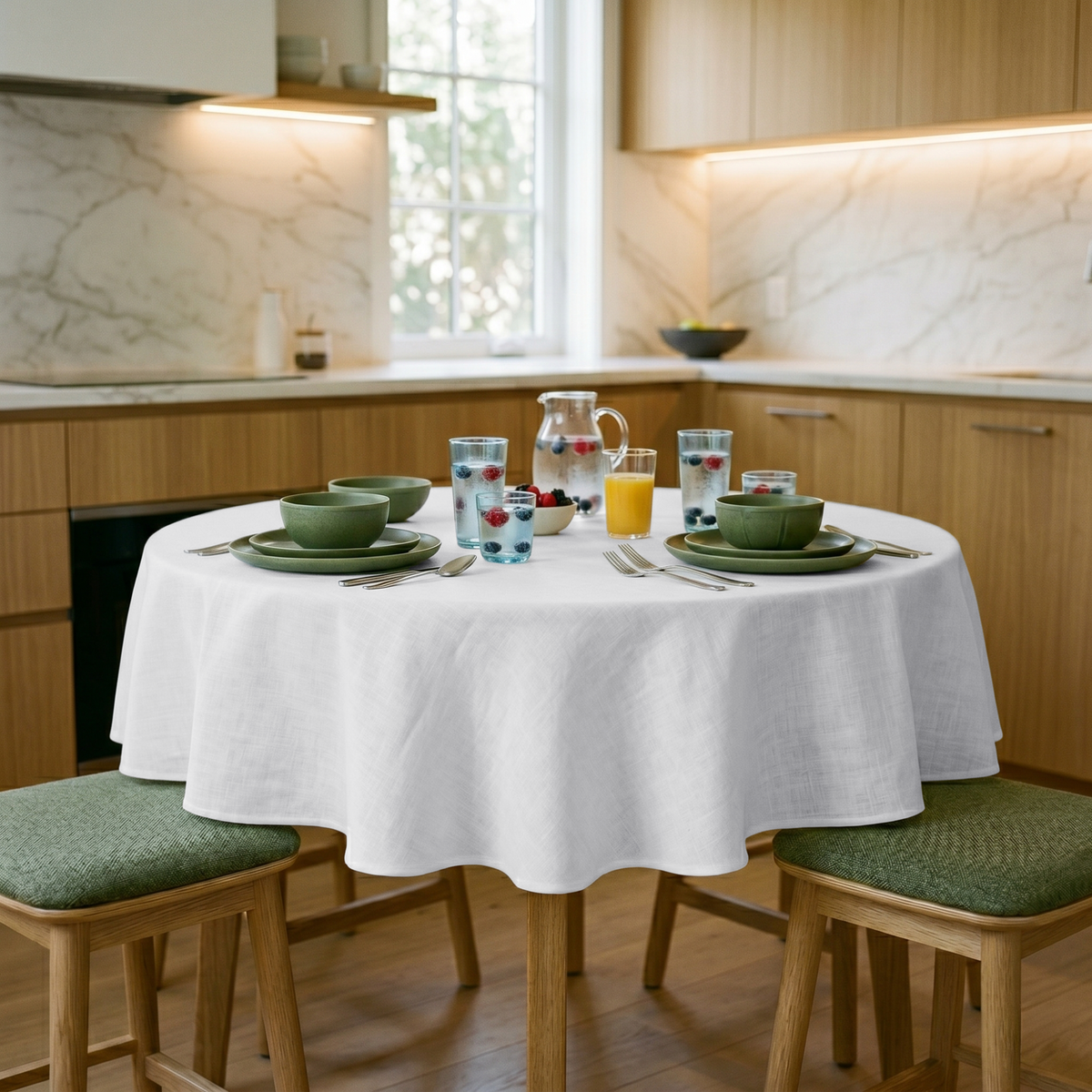 White Linen 70 Inch Round Tablecloth in a Bright Kitchen Dining Space with Light Wood Cabinetry and Sage Green Accents