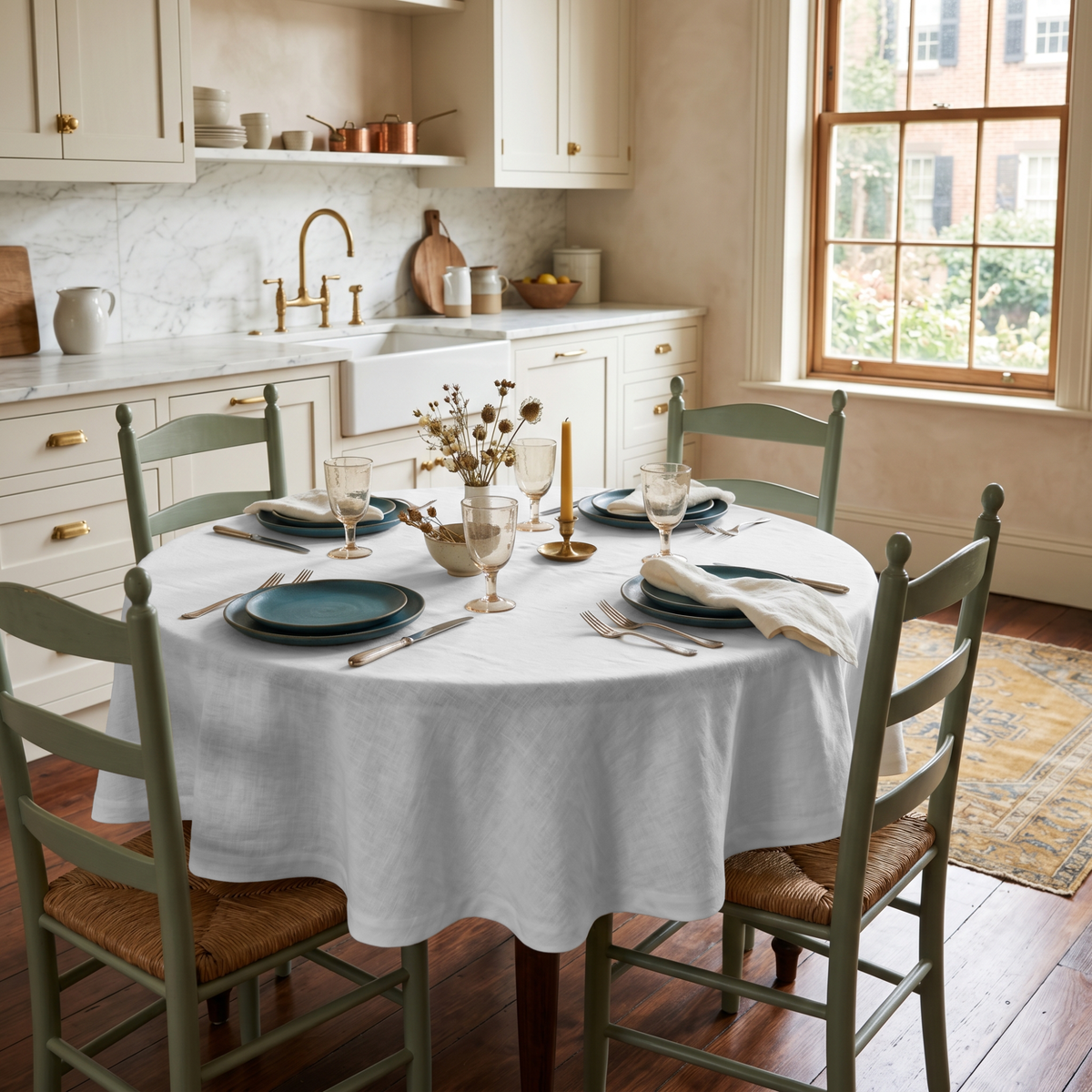 White Linen 72 Inch Round Tablecloth in a Warm Kitchen Dining Space with Cream Cabinetry